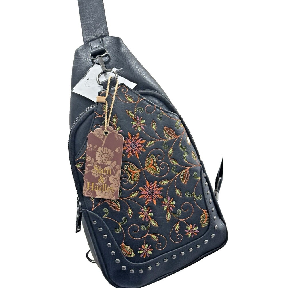 Sam & Hadley Cross Body Bags, Black with Embroidery Pattern